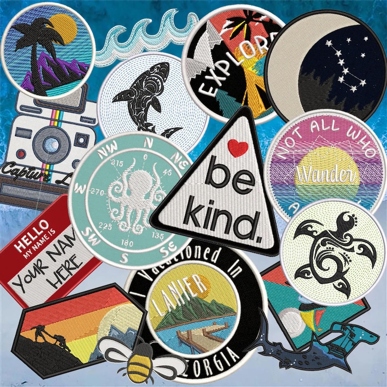 K&ouml;nnte beinhalten: Eine Sammlung gestickter Aufn&auml;her mit verschiedenen Designs. Enth&auml;lt eine Kamera, einen Hai, einen Oktopus und einen Aufn&auml;her mit der Aufschrift "be kind". Weitere Aufn&auml;her zeigen einen Sonnenuntergang, Palmen und den Text "Explore".