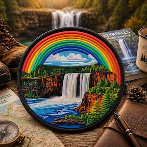 May include: A circular embroidered patch featuring a vibrant rainbow arching over a waterfall landscape with green pine trees and blue water. The patch is surrounded by hiking boots, a compass, a map, a book titled Waterfalls, and a mug.
