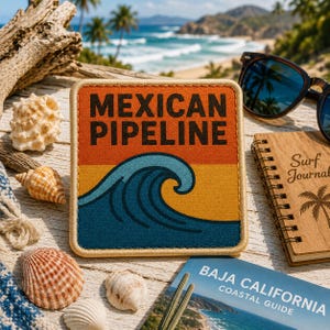 May include: A square coaster featuring a graphic of a blue ocean wave against a sunset-coloured background of orange and yellow. The text MEXICAN PIPELINE is printed in bold black letters at the top. The coaster has a light tan stitched border.