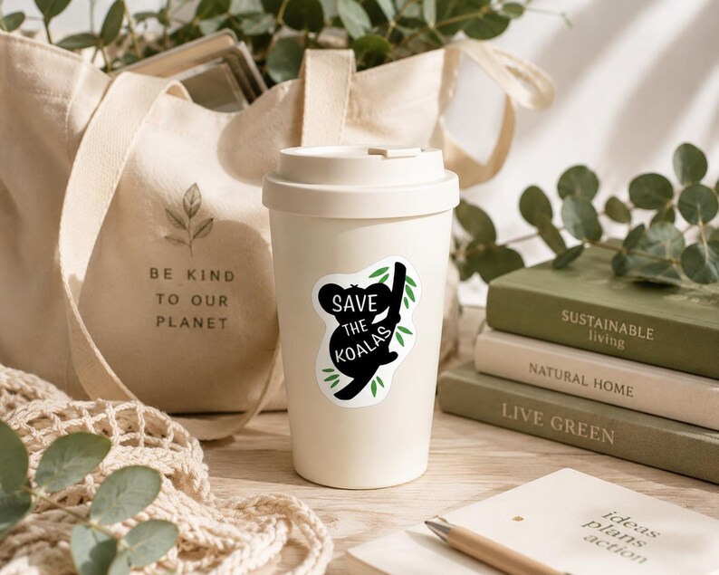 May include: A cream-colored travel mug with a black and white sticker that says "Save the Koalas." A canvas tote bag with the text "Be Kind to Our Planet" is visible in the background. The image also includes books and greenery.