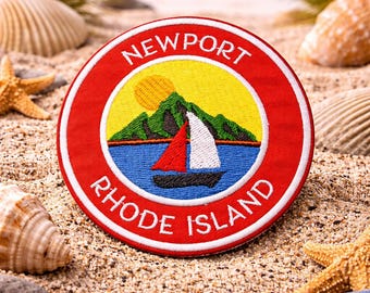 Newport Rhode Island Patch/Iron-On Patch/Beach Souvenir Gift/Mountain Sailboat Scene/Embroidered Sew-on Applique for Clothing Vest Hats Bags