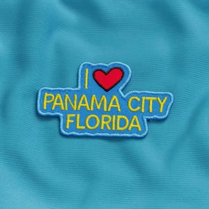 Patch/Aplique Termocolante/Costurável "Eu Amo Panama City, Flórida" para Roupas, Jaquetas, Coletes e Mochilas. Lembrança de Viagem/Férias Divertidas com Tema de Coco.