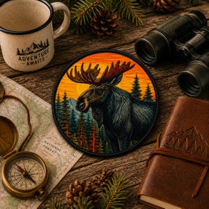 May include: A circular embroidered patch featuring a dark moose standing in a forest of pine trees against a vibrant orange sunset. The patch is surrounded by a white enamel mug with the text Adventure Awaits, binoculars, a compass, and a notebook.