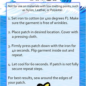 Peut inclure: Instructions pour l'application d'un patch thermocollant. Les instructions comprennent le r&eacute;glage du fer &agrave; repasser sur coton, le pressage du patch pendant 40 secondes et le refroidissement pendant 60 secondes. Les instructions recommandent &eacute;galement de coudre autour des bords du patch pour un meilleur r&eacute;sultat.