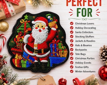 May include: A black-bordered embroidered patch featuring a colourful Santa Claus surrounded by wrapped gifts and a Christmas tree. The patch displays intricate thread work in red, white, green, and blue, depicting Santa with a white beard and suit.