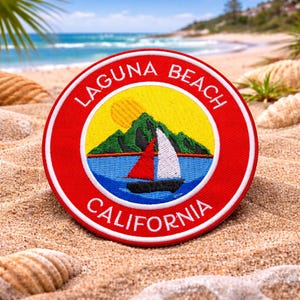 Laguna Beach California Patch/Iron-On Patch/Mountain Sailboat Scene Coastal Souvenir/Embroidered Sew-On Applique for Clothing Vest Backpack