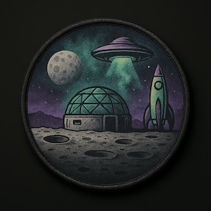 May include: Circular patch with a space-themed design. It shows a purple UFO shining a light on a green-domed building, a rocket, and a moon against a starry night. The patch is framed by a black border.