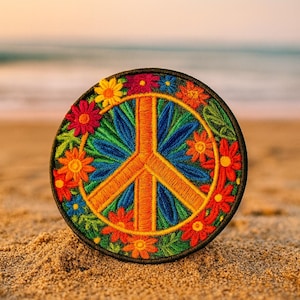 Toppa con simbolo della pace/toppa termoadesiva/fiore margherita, stile boho, hippie retrò, Woodstock/applicazione da cucire per abbigliamento, gilet, giacca, zaino, borsa a tracolla