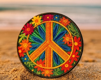 Peace Zeichen Aufnäher/Bügelbild Gänseblümchen, Boho, Hippie, Retro, Woodstock/Aufnäher für Kleidung Weste/Jacke Rucksack Tragetasche