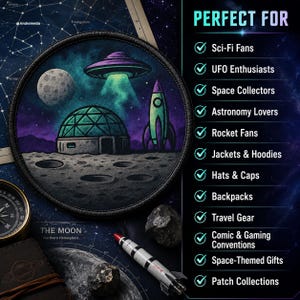 May include: A circular embroidered patch featuring a lunar landscape with a domed base, a rocket, and a flying saucer emitting a green light beam. The patch is set against a star map background with text listing various uses for the item.