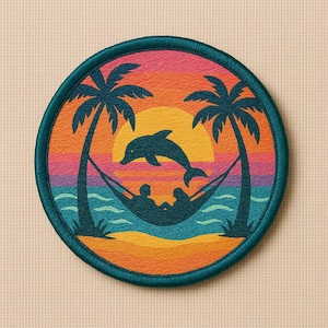 Iron-On Sunset Hammock Retreat Patch/Ocean Wave Patch/Sew-on Applique for Tote Bags/Backpack/Clothing/Beach Vibe Patch/Beach Adventure Gift