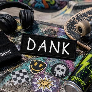 May include: A black beanie with a rectangular patch reading DANK, a rectangular patch with white embroidered text DANK, a black and white checkered square sticker, a yellow smiley face sticker, a starburst sticker, and a skull sticker.