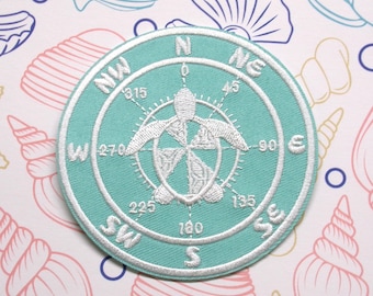 Compass - Turtle - 3.5&quot; Embroidered Iron-On/Sew-On Custom  Adventure Applique / Vest Jacket Clothing Backpack / Explore Nature, Wander Often