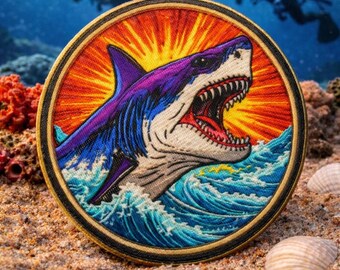 Great White Shark Patch/Iron-On Patch/Jaws Inspired/Carcharodon Carcharias/Sew-On Applique for Clothing, Vest/Jacket, Hats, Backpack, Gear