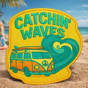 Catchin' Waves Patch/Iron-On Patch/Coconut Girl Fun Vacation Gift/Retro Beach Vibes/Sew-On Applique for Clothing Tote Bags Jackets Backpacks