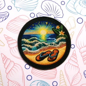 Beach Life Patch, Flip Flop and Ocean Waves Patch Summer Beach Trip Iron-On Applique for Jackets and Bags, Badge for Vacation Souvenirs