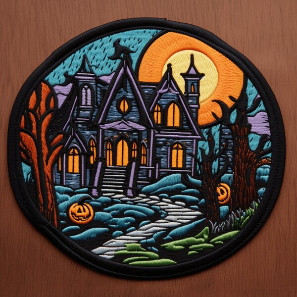 Spooky House Patch Iron-on/Sew-on Custom Applique for Vest Jacket Denim Clothing Halloween, Decorative Emblem, Cosplay Haunted Full Moon Bat