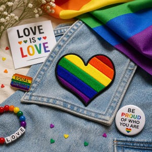 May include: A denim jacket with a rainbow heart patch, a pin that says "Equal Rights", and a bracelet that spells "LOVE". A card with the words "LOVE IS LOVE" is also present, along with a button that says "BE PROUD OF WHO YOU ARE".