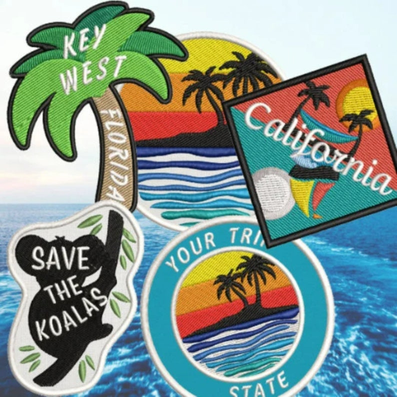May include: Five embroidered patches with a beach theme. The patches are white with colorful designs. One patch says "Key West Florida" with a palm tree. Another patch says "California" with a palm tree and a hammock. A third patch says "Save the Koalas" with a koala bear. A fourth patch says "Your Trip State" with a palm tree and a sunset. The fifth patch has a sunset and ocean waves.