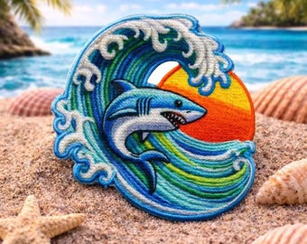 Shark in Ocean Waves Patch/Iron-On Patch/Beach Ocean Souvenir Gift/Sew-On Applique for Clothing Vest/Jacket Hats Backpack Tote Bag Surf Gear