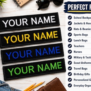 May include: Four rectangular black embroidered patches featuring the text YOUR NAME in white, yellow, blue, and green thread. The patches are arranged vertically, each with a stitched border, showcasing customizable name tag designs for various items.