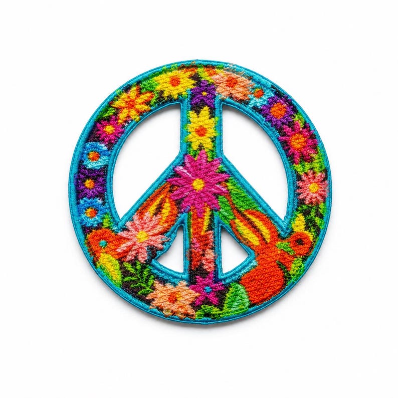 May include: A circular embroidered patch featuring a peace sign symbol. The design is filled with a vibrant, multi-colored floral pattern including shades of pink, yellow, orange, purple, and blue, all outlined with a bright cyan border.