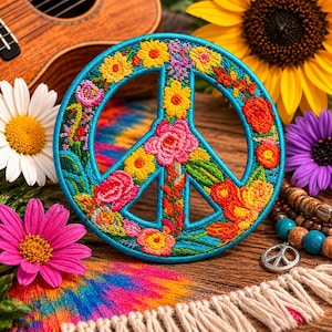 May include: A turquoise peace sign patch embroidered with colorful flowers in shades of pink, yellow, and orange. The patch is surrounded by daisies, sunflowers, and a ukulele, evoking a bohemian theme.