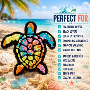 Schildkröten-Aufnäher im Batik-Look / Aufbügelbarer Aufnäher / Strand-Souvenir / Meerestiere / Tropische Fische / Gestickte Applikation zum Aufnähen für Kleidung, Weste, Jacke, Hut