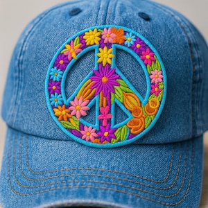 K&ouml;nnte beinhalten: Eine blaue Jeans-Baseballkappe mit einem farbenfrohen, gestickten Friedenszeichen. Das Friedenszeichen ist t&uuml;rkis umrandet und mit leuchtenden Blumen in Rosa-, Gelb-, Orange- und Lilat&ouml;nen gef&uuml;llt. Die Kappe hat einen gebogenen Schirm und ein klassisches Sechs-Panel-Design.