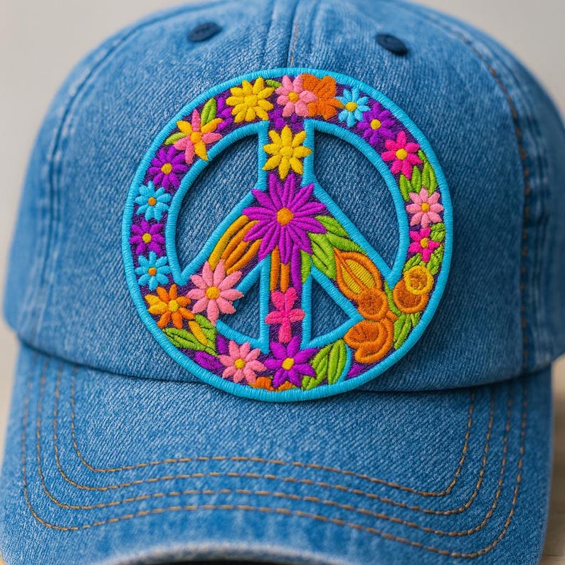 K&ouml;nnte beinhalten: Eine blaue Jeans-Baseballkappe mit einem farbenfrohen, gestickten Friedenszeichen. Das Friedenszeichen ist t&uuml;rkis umrandet und mit leuchtenden Blumen in Rosa-, Gelb-, Orange- und Lilat&ouml;nen gef&uuml;llt. Die Kappe hat einen gebogenen Schirm und ein klassisches Sechs-Panel-Design.
