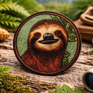 Peut inclure: Écusson rond représentant un paresseux souriant avec une fourrure brune et un nez noir, sur fond vert. Le patch a une bordure marron et est entouré de feuilles vertes et d'une surface en bois.