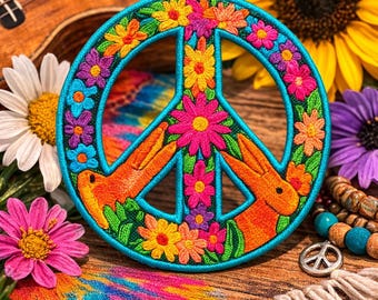 Peace Sign Patch/Iron-on Patch/Flower Child, Daisy, Boho Hippie, Woodstock Music Festival/Sew-on Applique for Vest/Jacket Clothing Backpack
