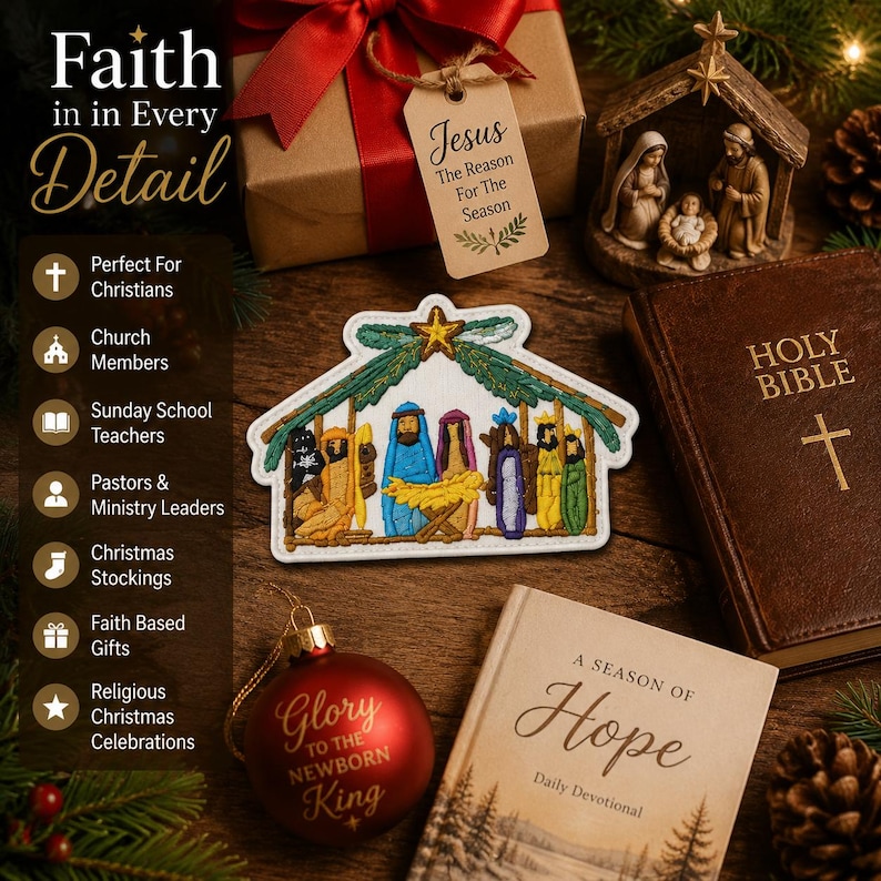 May include: A white embroidered patch depicting a nativity scene with a gold star, a brown gift box with a red ribbon and a tag reading Jesus The Reason For The Season, a wooden nativity figurine, a Holy Bible, a red ornament, and a devotional book.