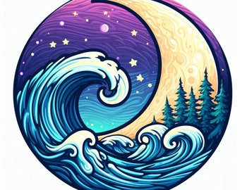 Calcomanía de pegatina Ocean Waves, pegatina de vinilo impermeable para parachoques de ventana, calcomanía para computadora portátil con botella de agua, luna y estrellas, cielo nocturno, olas rompientes