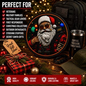 May include: A circular wall sign featuring a tactical Santa Claus with a white beard, sunglasses, and red gear. The image includes a black backpack with an American flag patch, a black tumbler with the text COFFEE. FREEDOM. CHRISTMAS., and a gift.