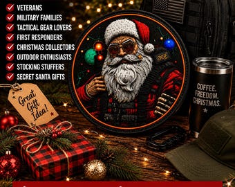 May include: A circular wall sign featuring a tactical Santa Claus with a white beard, sunglasses, and red gear. The image includes a black backpack with an American flag patch, a black tumbler with the text COFFEE. FREEDOM. CHRISTMAS., and a gift.
