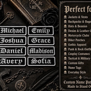 May include: Eight rectangular black fabric patches with white embroidered names including Michael, Emily, Joshua, Grace, Daniel, Madison, Avery, and Sofia. The text is in a gothic font style. A list of applications is printed on the right side.