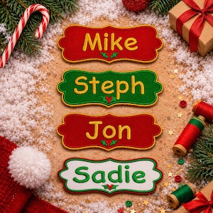 Christmas Stocking NAME PATCH - 5" x 2" Custom Personalized Iron On or Sew On Patch, Embroidered Applique Patch, Festive Font, 1 Patch
