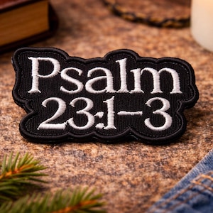 詩篇23:1-3 聖句パッチ／アイロン接着パッチ／宗教的な贈り物／クリスチャンバイカー／衣類（ベスト、ジャケット、帽子、バックパックなど）に縫い付けるアップリケ