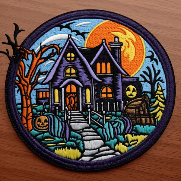 Spooky House Patch Iron-on/Sew-on Custom Applique for Vest Jacket Denim Clothing Halloween, Decorative Emblem, Cosplay Haunted Full Moon Bat