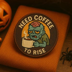 May include: A circular patch featuring a zombie illustration drinking coffee. The text reads "NEED COFFEE TO RISE". The zombie is green with a pink brain and yellow eyes. The patch is set against an orange background, with a small spider and pumpkin visible.
