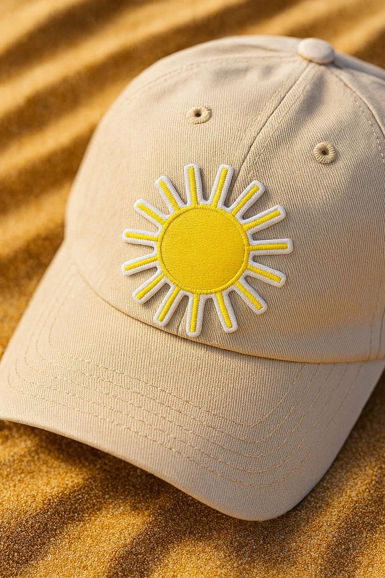 May include: A beige baseball cap with a yellow sun patch. The sun design has a yellow center and white-outlined yellow rays. The cap has a curved brim and a button on top.