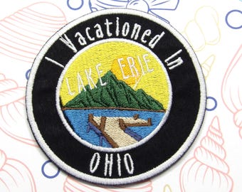 Mountain Lake Dock Scene Patch - I Vacationed In Ohio Patch - Iron-on/Sew-on Embroidered Applique for Jackets, Bags, Backpacks, Outdoor Gear
