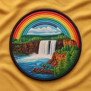 Puede incluir: Parche bordado circular que representa un arcoíris sobre una cascada. El diseño incluye una cascada que desemboca en un río azul, con árboles verdes y acantilados marrones. El parche tiene un borde negro y es colorido.