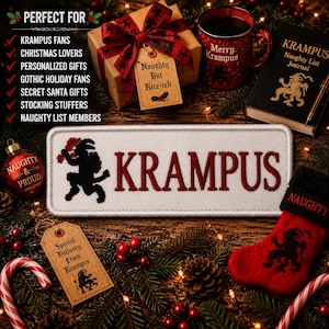 May include: A rectangular white embroidered patch featuring the word KRAMPUS in red letters next to a black silhouette of the Krampus figure. The patch is surrounded by a gift box, a red mug, a black journal, a red stocking, and a gift tag.