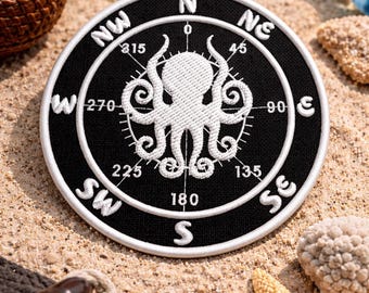 Aplique termocolante com indicação de direção da bússola/Aplique termocolante/Logotipo de polvo/Tema náutico/Natureza/Tubarão/Aplique bordado para costurar em roupas, jaquetas e mochilas