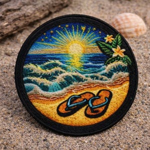 Flip Flop Beach Life Patch/Iron-On Patch/Ocean Wave Souvenir/Fun Vacation - Coconut Girl/Sew-On Applique for Clothing Tote Bag Jacket Bags