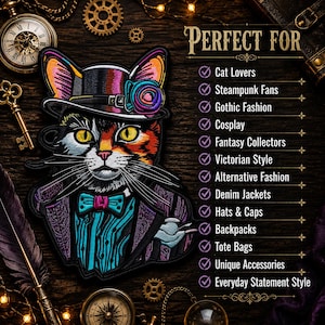 Cat in Top Hat Patch/Iron-on Patch/Sew-on Applique for Vest/Jacket, Clothing, Backpack, Decorative Badge, Regal Suit/Fantasy/Sci-Fi Gift