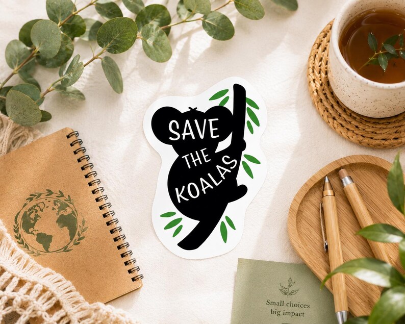 May include: A white sticker with a black koala silhouette holding onto a branch, with the words "SAVE THE KOALAS" in white. The sticker is surrounded by green leaves. A brown spiral notebook and a cup of tea are also visible.