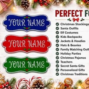 Custom Christmas Name Tag Patch/Iron-On Patch/Personalized Holiday Nametag Patch/Embroidered Sew-On Applique for Clothing, Stocking, Uniform